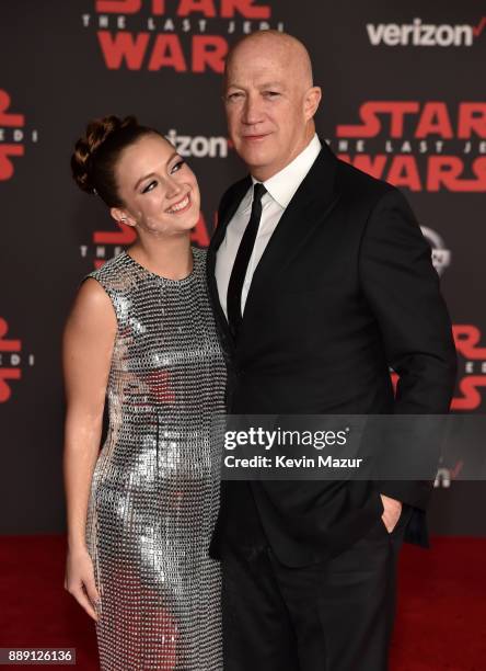 Billie Lourd and Bryan Lourd attend the premiere of Disney Pictures and Lucasfilm's "Star Wars: The Last Jedi" at The Shrine Auditorium on December...