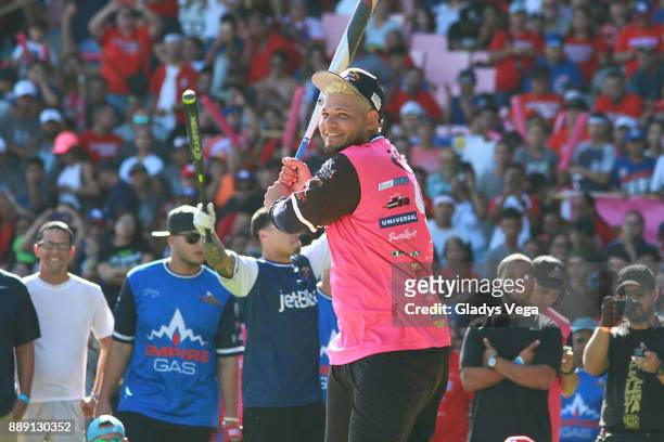 Yadier Molina participates in Home Run Derby as part of Yadier Molina Celebrity Softball Game at Hiram Bithorn Stadium on December 9, 2017 in San...
