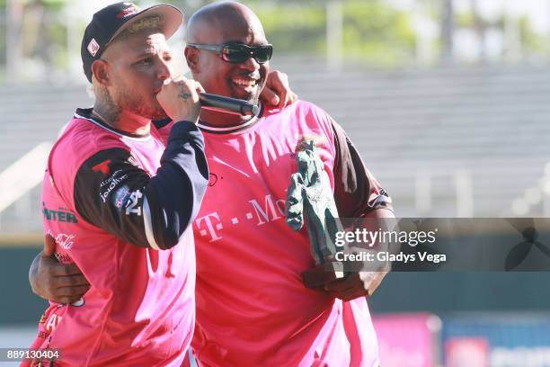 Yadier Molina and Carlos Delgado participates to the aperture ceremony of Yadier Molina Celebrity Softball Game at Hiram Bithorn Stadium on December...