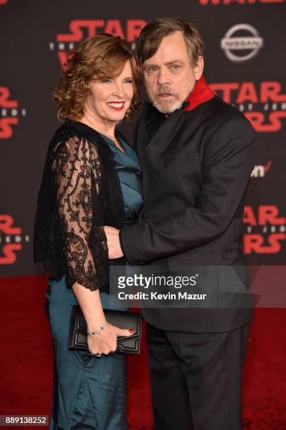Mark Hamill and Marilou Hamill attend the premiere of Disney Pictures and Lucasfilm's "Star Wars: The Last Jedi" at The Shrine Auditorium on December...