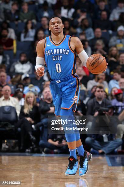Russell Westbrook of the Oklahoma City Thunder handles the ball against the Memphis Grizzlies on December 9, 2017 at FedExForum in Memphis,...