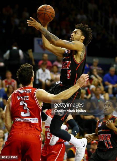 Jean-Pierre Tokoto of the Wildcats drives to the basket during the round nine NBL match between the Illawarra Hawks and the Perth Wildcats at...
