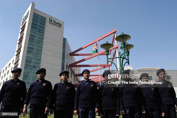 Women security guards at Fortis Hospital in Noida, Uttar Pradesh, India