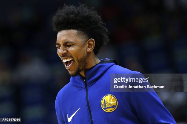 Nick Young of the Golden State Warriors warms up before a game against the New Orleans Pelicans at the Smoothie King Center on December 4, 2017 in...