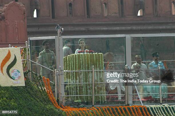 Sonia Gandhi, President of All India Congress Committee and United Progressive Alliance Chairperson addressing at the ceremony to commemorate the...