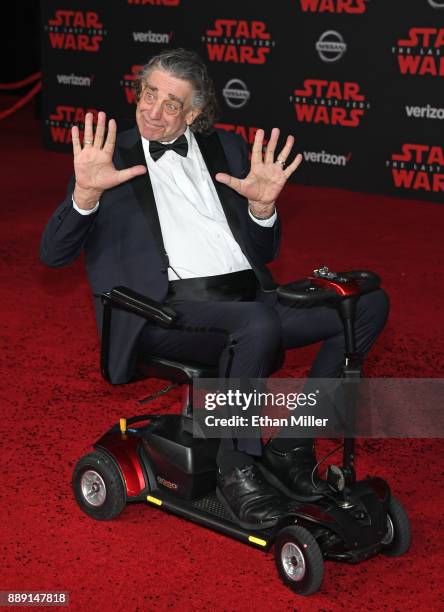 Actor Peter Mayhew attends the premiere of Disney Pictures and Lucasfilm's "Star Wars: The Last Jedi" at The Shrine Auditorium on December 9, 2017 in...