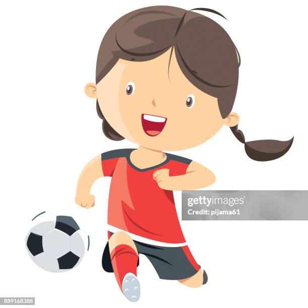 ilustraciones, imágenes clip art, dibujos animados e iconos de stock de niña jugando al fútbol - delantero de fútbol