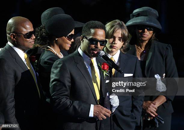 Randy Jackson, Janet Jackson, Marlon Jackson, Prince Michael Jackson and Rebbie Jackson onstage during the Michael Jackson public memorial service...