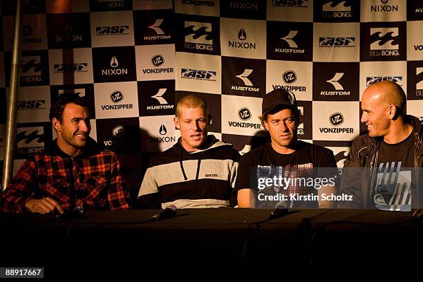 Surfers Panel Joel Parkinson of Australia, Mick Fanning of Australia, Tom Curren of France and Kelly Slater of the United States of America during...