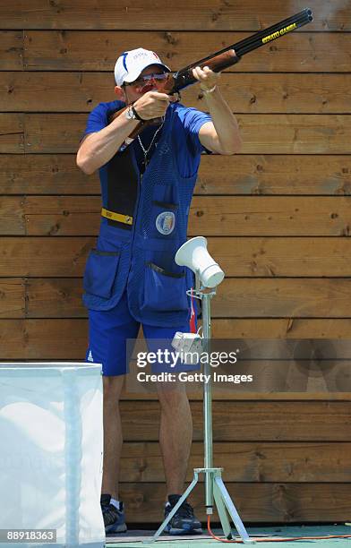 Anthony Terras of France competes in the men's skeet shooting final event at the XVI Mediterranean Games Day 6 on July 2, 2009 in Manoppello shooting...