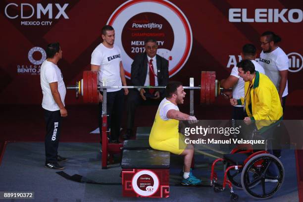 Mateus de Assis of Brazil celebrates during the Men's Up to 97Kg Group B Category as part of the World Para Powerlifting Championship Mexico 2016 at...