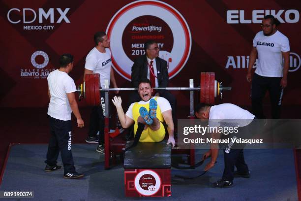 Mateus de Assis of Brazil celebrates during the Men's Up to 97Kg Group B Category as part of the World Para Powerlifting Championship Mexico 2016 at...