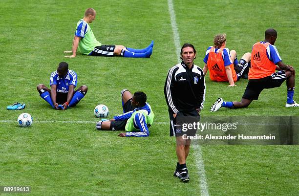 Bruno Labbadia, head coach of Hamburg looks on during a training session at day four of the Hamburger SV training camp on July 9, 2009 in...