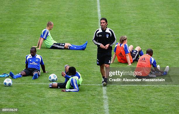 Bruno Labbadia, head coach of Hamburg looks on during a training session at day four of the Hamburger SV training camp on July 9, 2009 in...