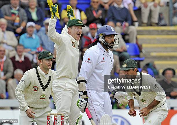 Australian captain Ricky Ponting catches England batsman Monty Panesar as teammates Brad Haddin and Michael Clarke celebrate on the second day of the...