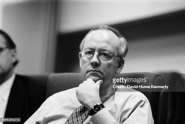 Special Prosecutor Ken Starr meets with his staff at the Office of Independent Counsel on November 13, 1998. Starr was preparing for his upcoming...