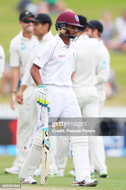 Kraigg Brathwaite of the West Indies walks off after being dismissed by Tim Southee of New Zealand during day two of the Second Test Match between...