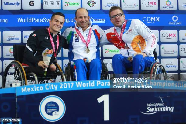 Efrem Morelli of Italy Gold Medal States Gustavo Sánchez of Mexico Silver Medal and Jan Povysil of Poland Bronze Medal pose after men's 150 m...