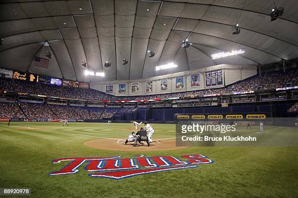 July 7: General view as CC Sabathia of the New York Yankees pitches to Joe Mauer of the Minnesota Twins on July 7, 2009 at the Metrodome in...