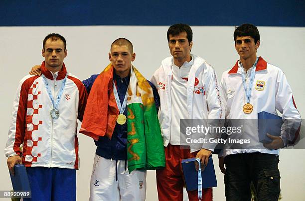 Silver medalist Filip Palic of Croatia, Gold medalist Domenico Valentino of Italy, Bronze medalist Yakup Kilic of Turkey and Ljubomir Marjanovic of...