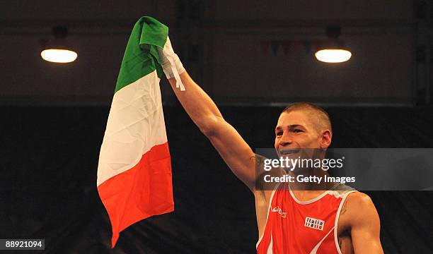 Domenico Valentino of Italy celebrates a victory during the Men's Light 60kg final on day 6 during the XVI Mediterranean Games at the Sports Hall...