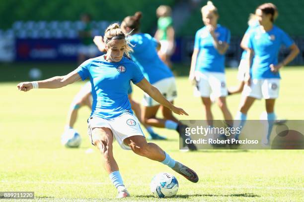 Tyla Jay Vlajnic of Melbourne City kicks during warm up prior to the round seven W-League match between Melbourne City and Canberra United at AAMI...