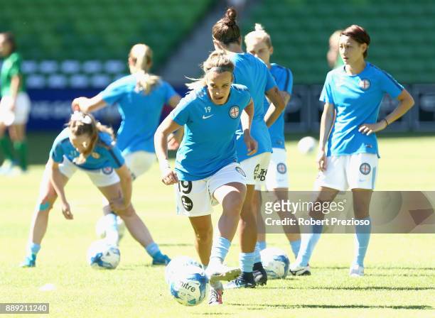 Tyla Jay Vlajnic of Melbourne City warms up prior to the round seven W-League match between Melbourne City and Canberra United at AAMI Park on...