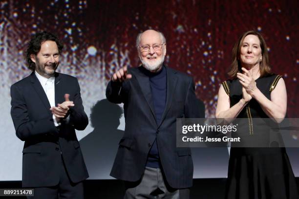 Producer Ram Bergman, Composer John Williams and Producer Kathleen Kennedy at the world premiere of Lucasfilm's Star Wars: The Last Jedi at The...