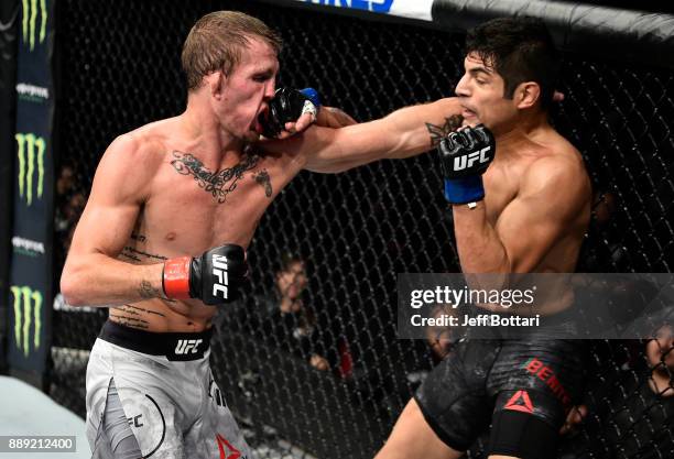 Gabriel Benitez of Mexico punches Jason Knight in their featherweight bout during the UFC Fight Night event inside Save Mart Center on December 9,...