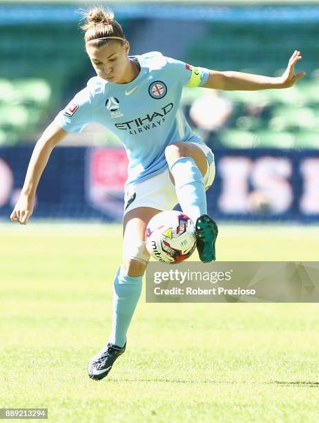 Stephanie Catley of Melbourne City controls the ball during the round seven W-League match between Melbourne City and Canberra United at AAMI Park on...