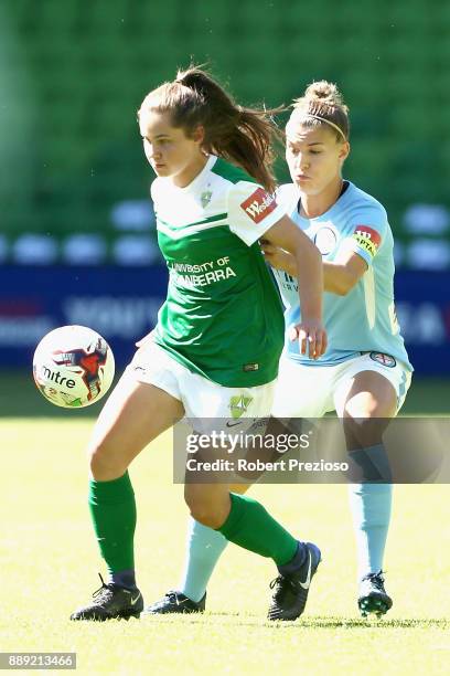 Madelyn Whittall of Canberra United controls the ball during the round seven W-League match between Melbourne City and Canberra United at AAMI Park...