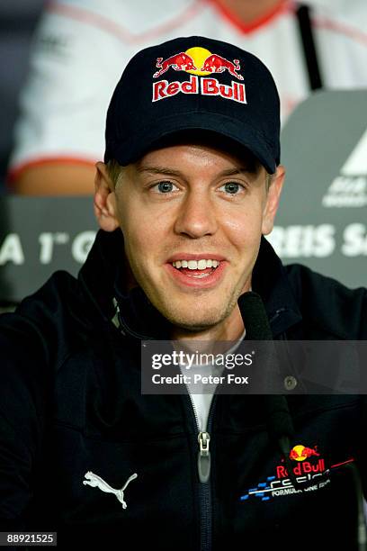 Sebastian Vettel of Germany and Red Bull Racing attends the drivers press conference during previews to the German Formula One Grand Prix at...