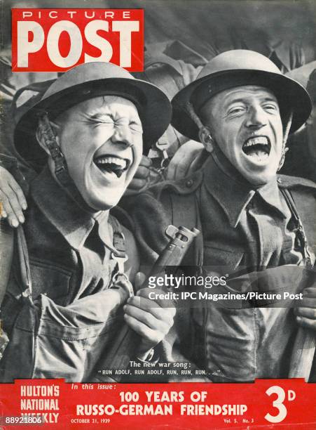 The cover of Picture Post magazine showing two British soldiers laughing, October 1939. The caption reads: 'The new war song: "Run Adolf, run Adolf,...