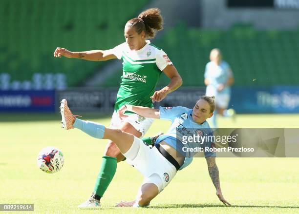 Jessica Fishlock of Melbourne City contests the ball during the round seven W-League match between Melbourne City and Canberra United at AAMI Park on...