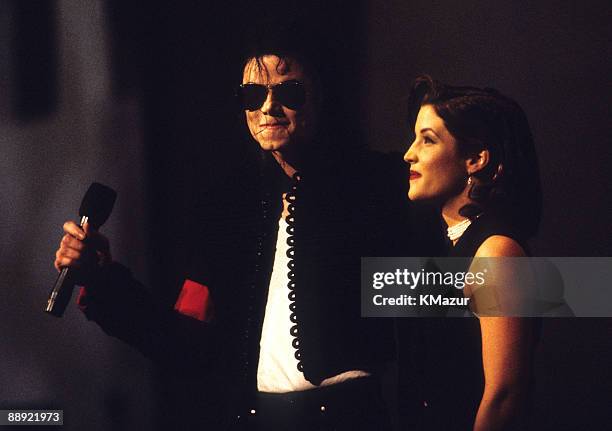 Michael Jackson on stage with Lisa Marie Presley at Radio City Music Hall during the MTV Video Music Awards on September 8, 1994 in New York City.