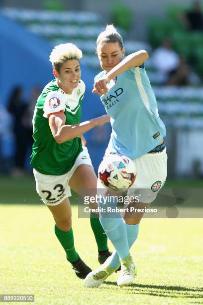 Alanna Kennedy of Melbourne City contests the ball during the round seven W-League match between Melbourne City and Canberra United at AAMI Park on...