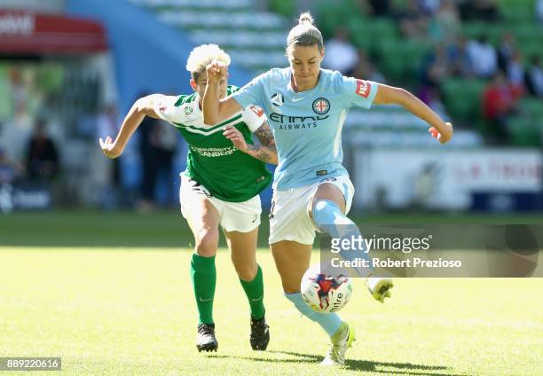 Alanna Kennedy of Melbourne City controls the ball during the round seven W-League match between Melbourne City and Canberra United at AAMI Park on...