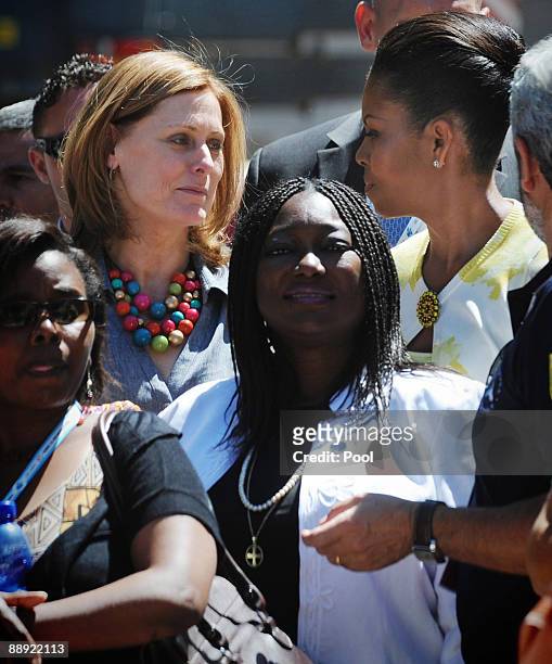 Sarah Brown, wife of British Prime Minister Gordon Brown and U.S First Lady Michelle Obama visit the earthquake site on July 9, 2009 in L'Aquila,...