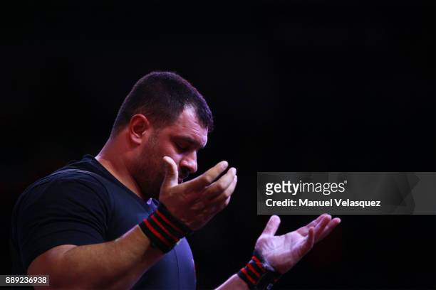 Jamil Elshebli of Jordan gestures during the Men's Over to 107 Kg Group A Category as part of the World Para Powerlifting Championship Mexico 2016 at...