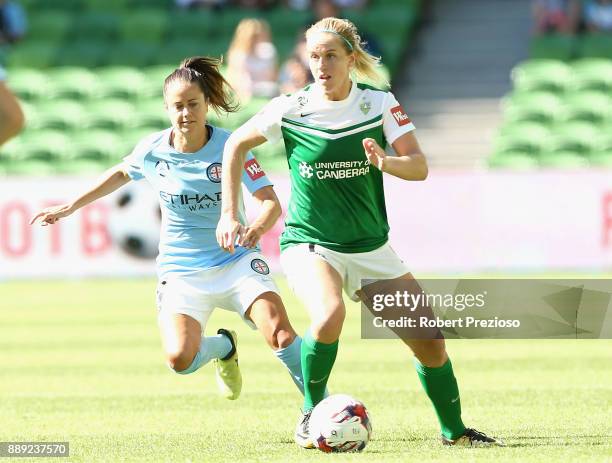 Elise Thorsnes of Canberra United controls the ball during the round seven W-League match between Melbourne City and Canberra United at AAMI Park on...