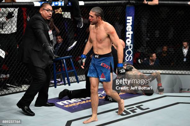 Brian Ortega celebrates his submission victory over Cub Swanson in their featherweight bout during the UFC Fight Night event inside Save Mart Center...