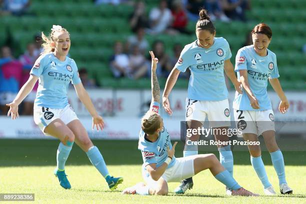 Jessica Fishlock of Melbourne City celebrates after scoring a goal during the round seven W-League match between Melbourne City and Canberra United...