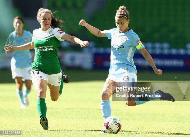 Stephanie Catley of Melbourne City passes the ball during the round seven W-League match between Melbourne City and Canberra United at AAMI Park on...