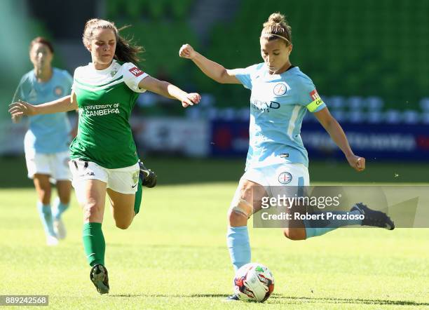 Stephanie Catley of Melbourne City passes the ball during the round seven W-League match between Melbourne City and Canberra United at AAMI Park on...