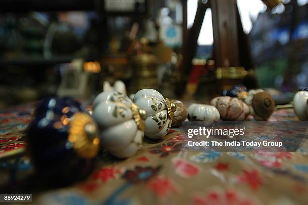 Ceramic Knobs, Handles and Antique furnitures of Jew town in mattancherry, Fort Kochi, Kerala, India