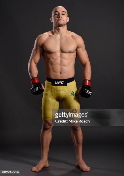 Marlon Moraes of Brazil poses for a post fight portrait backstage during the UFC Fight Night event inside Save Mart Center on December 9, 2017 in...