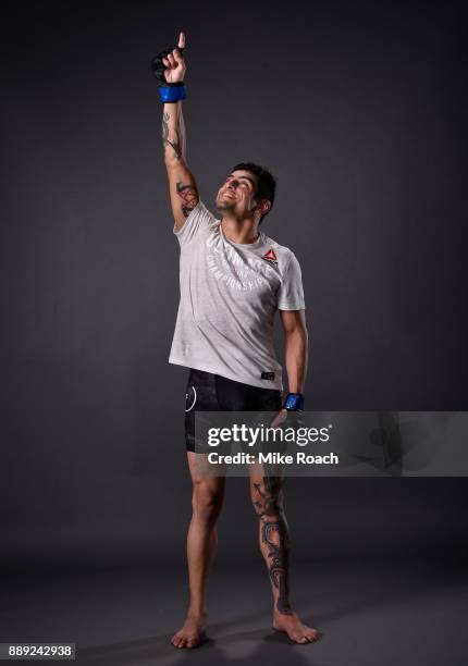Gabriel Benitez of Mexico poses for a post fight portrait backstage during the UFC Fight Night event inside Save Mart Center on December 9, 2017 in...