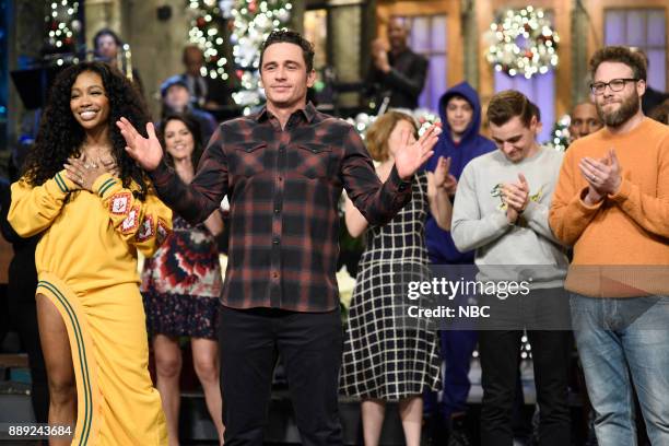 Episode 1733 -- Pictured: Musical Guest SZA, James Franco, Seth Rogen during "Goodnights & Credits" in Studio 8H on Saturday, December 9, 2017 --