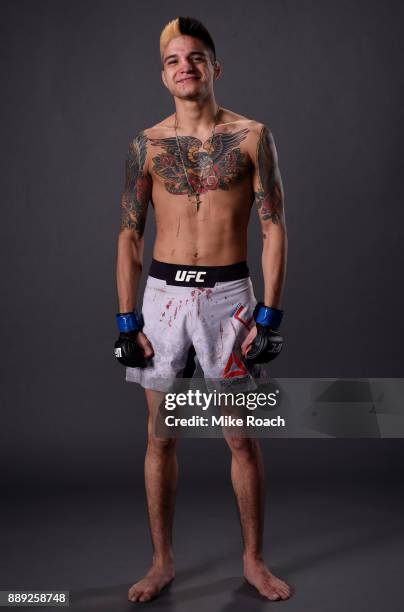 Benito Lopez poses for a post fight portrait backstage during the UFC Fight Night event inside Save Mart Center on December 9, 2017 in Fresno,...