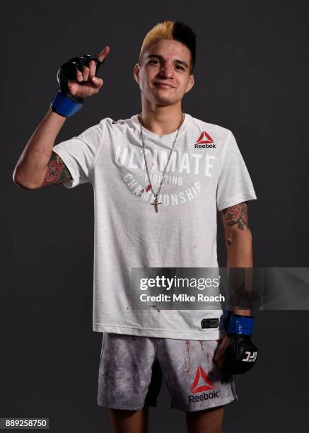 Benito Lopez poses for a post fight portrait backstage during the UFC Fight Night event inside Save Mart Center on December 9, 2017 in Fresno,...